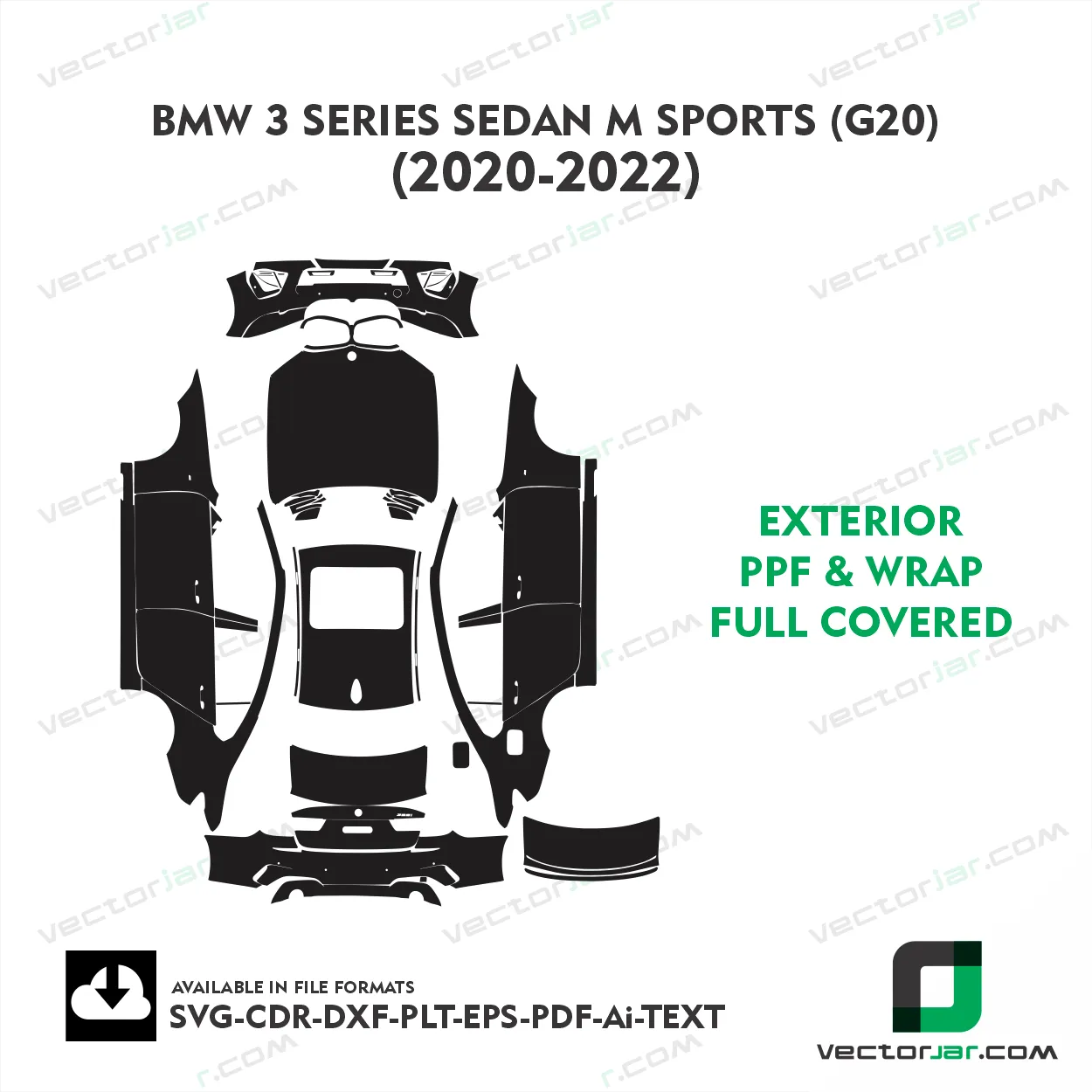 BMW 3 Series Sedan M Sports (G20) 2020-2022 Exterior PPF Template vector